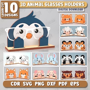 3D Animal Glasses Holders Laser Cut Bundle, Eyeglass Stands, Eyeglasses Display, Glasses Tray, Sunglasses Tray, Cute Animals Faces, Kids SVG