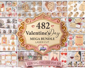 Könnte beinhalten: Eine Sammlung lasergeschnittener Holzhandwerke zum Valentinstag, darunter herzförmige Dekorationen, Schneidebretter und Silhouette-Figuren. Das zentrale Schild lautet "482 Valentine's Day MEGA BUNDLE LASER CUT".