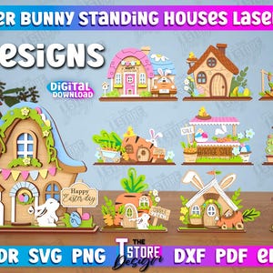 May include: Ten digital designs for laser cutting Easter bunny houses. The designs include a variety of styles, such as a house with a bunny peeking out, a house with a carrot garden, and a house with a bunny holding a basket of eggs. The designs are perfect for creating unique and festive decorations for your home.