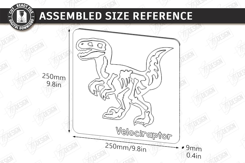 K&ouml;nnte beinhalten: Ein lasergeschnittenes Dinosaurier-Design mit der Bezeichnung "Velociraptor". Die montierte Gr&ouml;&szlig;e betr&auml;gt 250 mm x 250 mm, mit einer Dicke von 9 mm. Es ist ein digitaler Download zum sofortigen Schneiden.