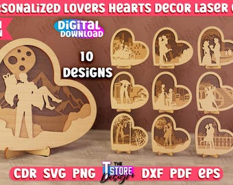 Personalized Couples Heart Decor Laser cut bundle, Wedding decor Laser cut, Valentines Day Standing Heart Decorations, Multilayered Lasercut