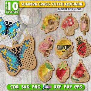 Summer cross stitch keychain bundle, summer cross stitch patterns, wooden cross stitch keychain laser cut, wooden key ring, kids laser cut