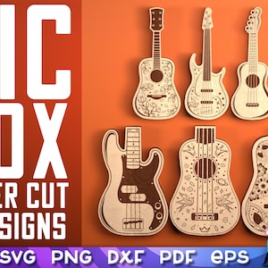 May include: Six laser cut guitar designs with intricate floral and geometric patterns. The designs are in shades of brown and white on a light orange background. The text "PIC BOX LASER CUT 6 DESIGNS" is at the top left of the image. The text "THE STORE DESIGN" is at the bottom right of the image.