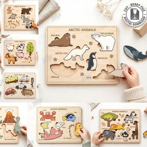 May include: A collection of ten wooden laser-cut puzzle boards featuring various themes including Arctic animals, dinosaurs, space, and vehicles. Each board contains labelled cutouts for specific shapes, with digital file formats listed.