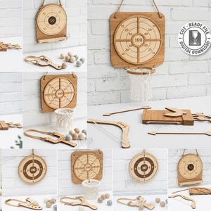Può includere: Una collezione di design di giochi in legno tagliati al laser che include bersagli circolari e quadrati, archi, frecce e fionde. I file digitali sono compatibili con i formati CDR, SVG, PNG, DXF, PDF ed EPS per uno spessore del materiale di 3 mm.