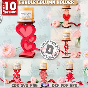 May include: A collection of 10 laser-cut candle column holders in various designs. Each holder features a platform for a candle and decorative elements like hearts, roses, and the word "Love". The holders are red, pink, and natural wood.