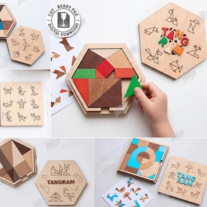 Peut inclure: Une collection de puzzles tangram en bois avec des cadres carrés et hexagonaux, présentant diverses formes géométriques en bois naturel, rouge, vert et bleu. Inclut des fichiers de découpe laser pour animaux et formes avec texte.