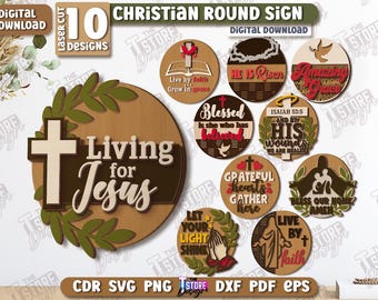 Christian Round Sign Laser Cut Bundle, Religious Welcome Door Signs, Round Door Hangers SVG, Christian Symbols, Round Layered Hanging Sign