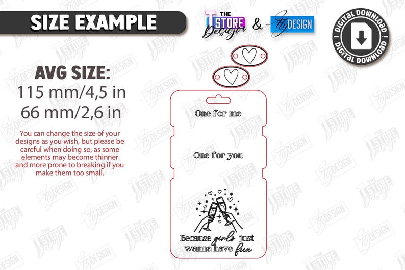 K&ouml;nnte beinhalten: Ein digitales Download-Design mit dem Text "One for me" und "One for you". Das Design enth&auml;lt zwei herzf&ouml;rmige Elemente und eine Grafik von zwei ansto&szlig;enden Sektgl&auml;sern mit dem Satz "Because girls just wanna have fun". Durchschnittliche Gr&ouml;&szlig;e: 115 mm x 66 mm.