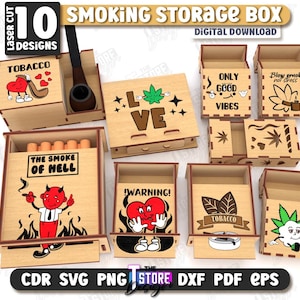 Puede incluir: Diez diseños de cajas de almacenamiento para fumar de corte por láser para descargar digitalmente. Los diseños presentan varios temas, que incluyen tabaco, amor, advertencia y buenas vibraciones. Las cajas son de madera y tienen una variedad de colores y patrones.