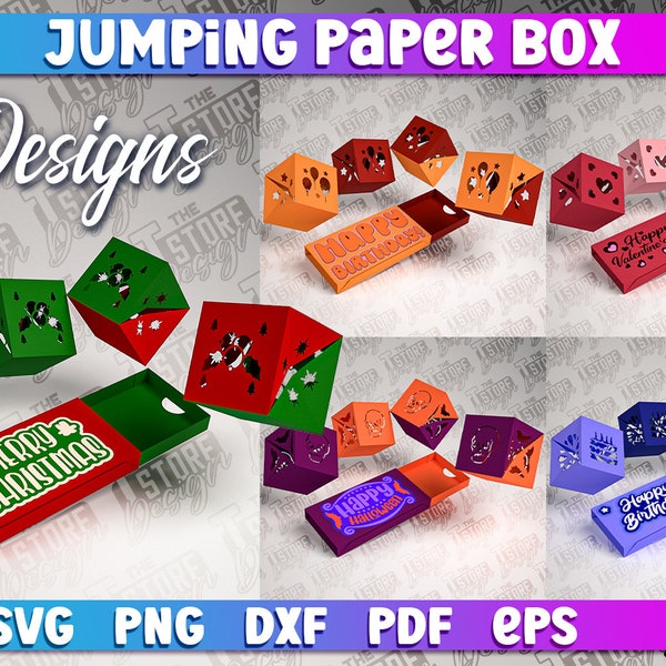 Jumping Paper Box SVG Bundle | Paper Crafts |Pop Up Gift Box SVG | Papercut Christmas Box Design | Valentines Paper Box | Halloween SVG