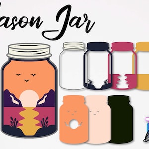 May include: A digital design file for a mason jar with a sunset scene inside. The design includes a variety of colors, including orange, yellow, purple, and blue. The design also includes a variety of shapes, including circles, squares, and triangles. The design is perfect for creating custom mason jars for gifts or home decor.