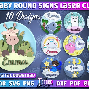 Paquete SVG de signo de nombre de bebé / Animales de signo redondo de guardería / Signos personalizados para niños / Decoración de la habitación del bebé de la pared Corte láser / Archivos CNC / Láser 3D