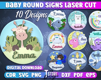 May include: Ten round baby name signs with various animal and nature themes. The signs feature names like Lucas, Isabella, Emma, William, Aua, Liam, and Benjamin. The signs are designed for laser cutting.