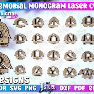 Puede incluir: 26 diseños de adornos conmemorativos cortados con láser que presentan una variedad de letras con alas de ángel y un halo. Cada adorno tiene una placa de nombre en la parte inferior. Los diseños están disponibles en los formatos CDR, SVG, PNG, DXF, PDF y EPS.