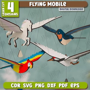 Hölzerne fliegende Vögel Mobile Laser Cut Bundle, Vögel fliegen Handy svg, fliegendes Vogel Spielzeug mit beweglichen Flügeln, kinderzimmerdekor, hängender Holzvogel