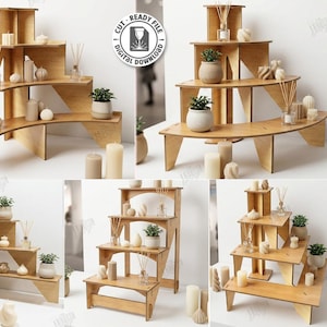 Può includere: Un espositore in legno a più livelli con finitura marrone chiaro, dotato di varie configurazioni di ripiani per organizzare piccoli oggetti. L'immagine include testo che indica 5 design per taglio laser, formati digitali e 6mm di spessore.