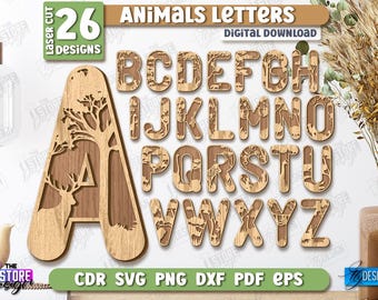 Bundle découpé au Laser lettres animaux, monogramme lettres SVG, monogramme de l'Alphabet, lettres animaux enfants, ensemble de l'alphabet Safari, police d'animaux de la faune