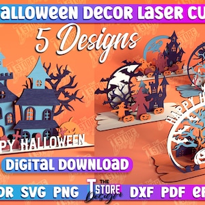 Paquete de decoración para el hogar de Halloween cortada con láser, paquete de soportes de Halloween en 3D, estante de Halloween svg, feliz Halloween, casa embrujada cortada con láser