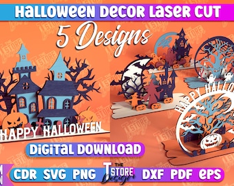 Halloween Home Decor Laser Cut Bundle, 3D Halloween stands bundle, Halloween shelf sitter svg, Happy Halloween, Haunted house laser cut