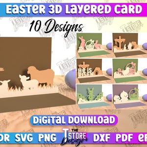 Paquete de tarjetas de Pascua en capas en 3D, svg, tarjeta de Pascua en 3D, svg de tarjeta emergente en capas de Pascua, svg de tarjetas de papel recortadas en capas en 3D de Pascua, svg de conejito de Pascua