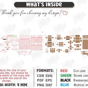May include: Digital cut file design with various shapes and patterns in red and brown. Includes text "WHAT'S INSIDE" and "Thank you for choosing my design!" Material width is 4 mm. Formats include CDR, SVG, PDF, EPS, and PNG.