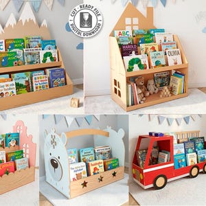 Puede incluir: Cinco diseños de estanterías de madera para niños, que incluyen formas de montaña, casa y camión de bomberos, llenas de libros coloridos. Los diseños están cortados con láser y listos para montar. El ancho del material es de 6 mm.