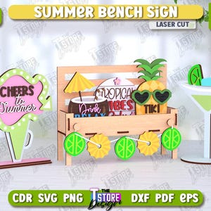 Summer Bench Sign Laser Cut, Beach Wooden Decor, Summer Interchangeable Bench Sign, Holiday Signs, Summer Tiered Tray, Standing Decor v.3
