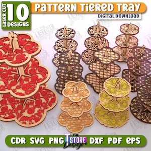 May include: A selection of laser-cut tiered tray designs in various patterns and colours, including red, brown, and yellow. The trays are made of wood and are approximately 6mm (1/4 in) thick. The image includes the text "PATTERN TIERED TRAY" and "10 DESIGNS".