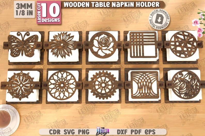 May include: Ten wooden table napkin holders with laser-cut designs. Each holder is 3mm thick and 1/8 inch in size. The designs include a butterfly, flower, rose, geometric patterns, and more. The holders are made of dark brown wood and hold white napkins.