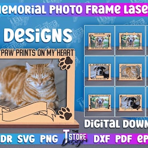 Könnte beinhalten: Ein digitaler Download von 10 Designs für Gedenk-Bilderrahmen für Haustiere. Die Rahmen sind lasergeschnitten und zeigen Pfotenabdrücke, ein Banner und den Text "You left paw prints on my heart". Die Designs sind in den Formaten CDR, SVG, PNG, DXF, PDF und EPS verfügbar. Die Rahmen sind 3 mm dick und 1/8 Zoll dick.