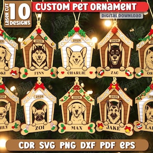 3d personalized Christmas pet ornament laser cut bundle, pets ornament laser cut, dogs baubles svg, custom pet ornament, xmas tree toy svg