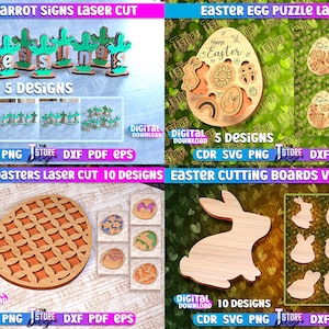 May include: A digital download of 10 laser cut designs for Easter egg coasters. The designs feature various geometric patterns in brown and white. The image also shows a digital download of 5 laser cut designs for Easter egg puzzles, featuring a Happy Easter egg with a flower and rainbow design.