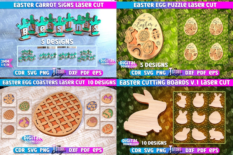 May include: A digital download of 10 laser cut designs for Easter egg coasters. The designs feature various geometric patterns in brown and white. The image also shows a digital download of 5 laser cut designs for Easter egg puzzles, featuring a Happy Easter egg with a flower and rainbow design.