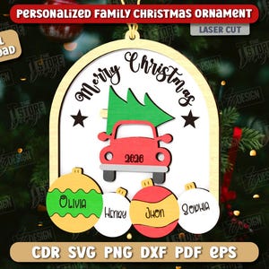 May include: A personalized family Christmas ornament with a red car carrying a Christmas tree. The ornament says "Merry Christmas" and includes the year 2020. Below are four ornaments with names: Olivia, Henry, Jhon, and Sophia.