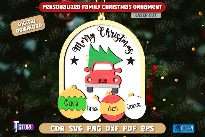 May include: A personalized family Christmas ornament with a red car carrying a Christmas tree. The ornament says "Merry Christmas" and includes the year 2020. Below are four ornaments with names: Olivia, Henry, Jhon, and Sophia.