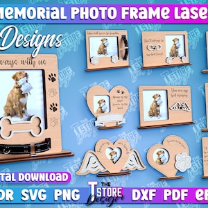 May include: Ten digital designs for laser cut pet memorial photo frames. The designs feature various shapes, including hearts, bones, paw prints, and wings. Each design includes a space for a photo and a personalized message. The text "Always with us" is featured on one of the designs.