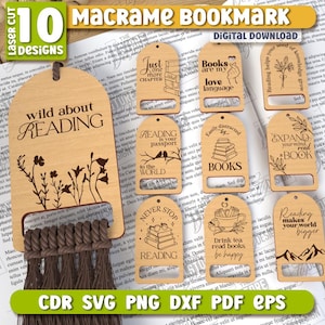Könnte beinhalten: Eine Sammlung von 10 lasergeschnittenen Makramee-Lesezeichen mit verschiedenen Designs und Zitaten. Ein Lesezeichen trägt die Aufschrift "wild about READING" mit floralen Akzenten. Andere Lesezeichen zeigen Sätze wie "Books are my love language."