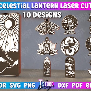 Celestial Lantern Laser Cut Bundle, 3D Mystical Led Light Lamp, Moon Candle Holder Laser, Tealight Holder Svg, 3D Night Light Laser Cut File