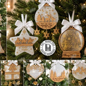 May include: A collection of ten laser-cut Christmas ornaments featuring wooden and frosted acrylic designs with white ribbon bows. The ornaments include shapes like stars, bells, hearts, and globes, displaying festive scenes, text, and hanging snowflake accents.