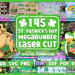 May include: A digital download of 145 St. Patrick's Day laser cut designs. The designs include earrings, door corners, shamrock coasters, and more. The designs are available in CDR, SVG, PNG, DXF, PDF, and EPS formats.