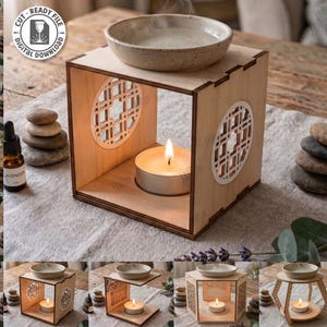 Puede incluir: Un quemador de aceite de madera clara con marco cuadrado y recortes circulares, con un cuenco de cerámica en la parte superior y una vela de té en el interior. El diseño incluye texto que indica 10 diseños de corte láser y 3mm de grosor.
