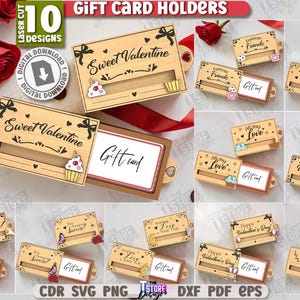 Könnte beinhalten: Holz-Geschenkkartenhalter mit Laserschnitt, mit verschiedenen Designs zum Valentinstag und Freundschaft. Jeder Halter hat dekorative Elemente wie Schleifen, Herzen und kleine Illustrationen. Der Text "Sweet Valentine" ist sichtbar.