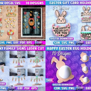 May include: A digital download of 10 Easter window decal SVG designs, 5 Easter bunny family signs laser cut designs, 5 Easter gift card holder laser cut designs, and 10 happy Easter egg holder laser cut designs. The designs are in pink, blue, green, yellow, and brown.