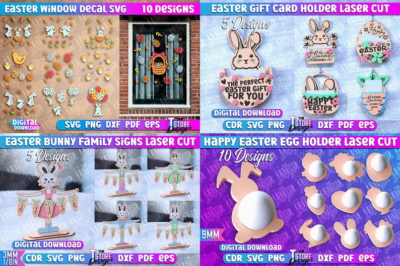 May include: A digital download of 10 Easter window decal SVG designs, 5 Easter bunny family signs laser cut designs, 5 Easter gift card holder laser cut designs, and 10 happy Easter egg holder laser cut designs. The designs are in pink, blue, green, yellow, and brown.