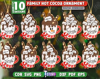 3d Family Christmas hot cocoa mug ornaments laser cut bundle, Christmas tree toys laser cut, personalized ornament laser cut, ornament svg