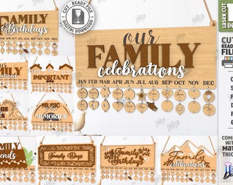 Paquete SVG de calendario de cumpleaños familiar cortado con láser, calendario de letreros de pared, citas familiares SVG, celebraciones familiares SVG (descarga digital)
