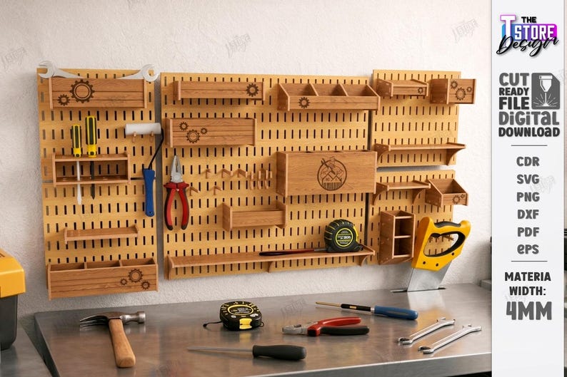 May include: Wooden pegboard with various tools and storage shelves. Includes a hammer, tape measure, screwdrivers, pliers, and a saw. The pegboard has a gear design and the text "The Store Design".