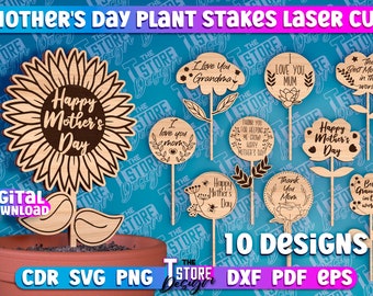 Mother's Day Plant Stakes Lasercut SVG | Sunflower Mother's Day Plant Trellis SVG | Mom Garden Stakes Laser Cut Files | Flowers Design