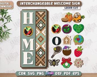 Letrero de bienvenida intercambiable cortado con láser, letrero de puerta de madera de temporada SVG, colgador de puerta de casa SVG, letrero de puerta de entrada, diseño de letrero de bienvenida cortado con láser